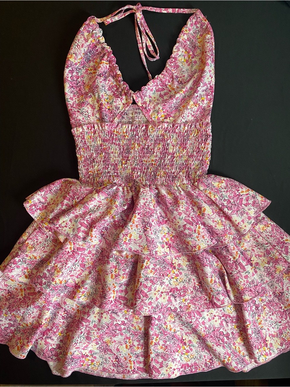 SHEIN Pink Floral Tiered Halter Smocked Mini Dress